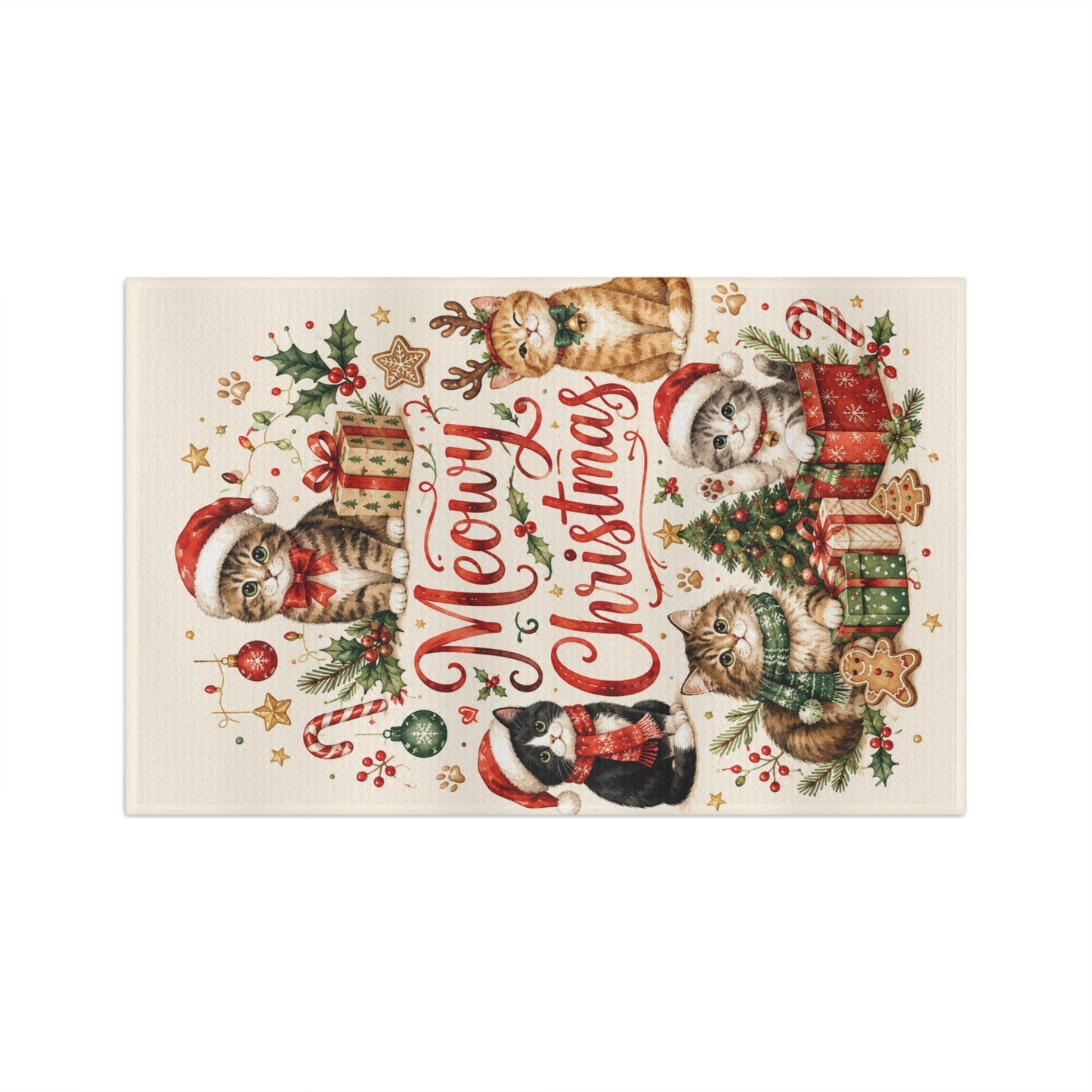 Meowy Christmas Tea Towel — Cute Cats Holiday Kitchen Towel