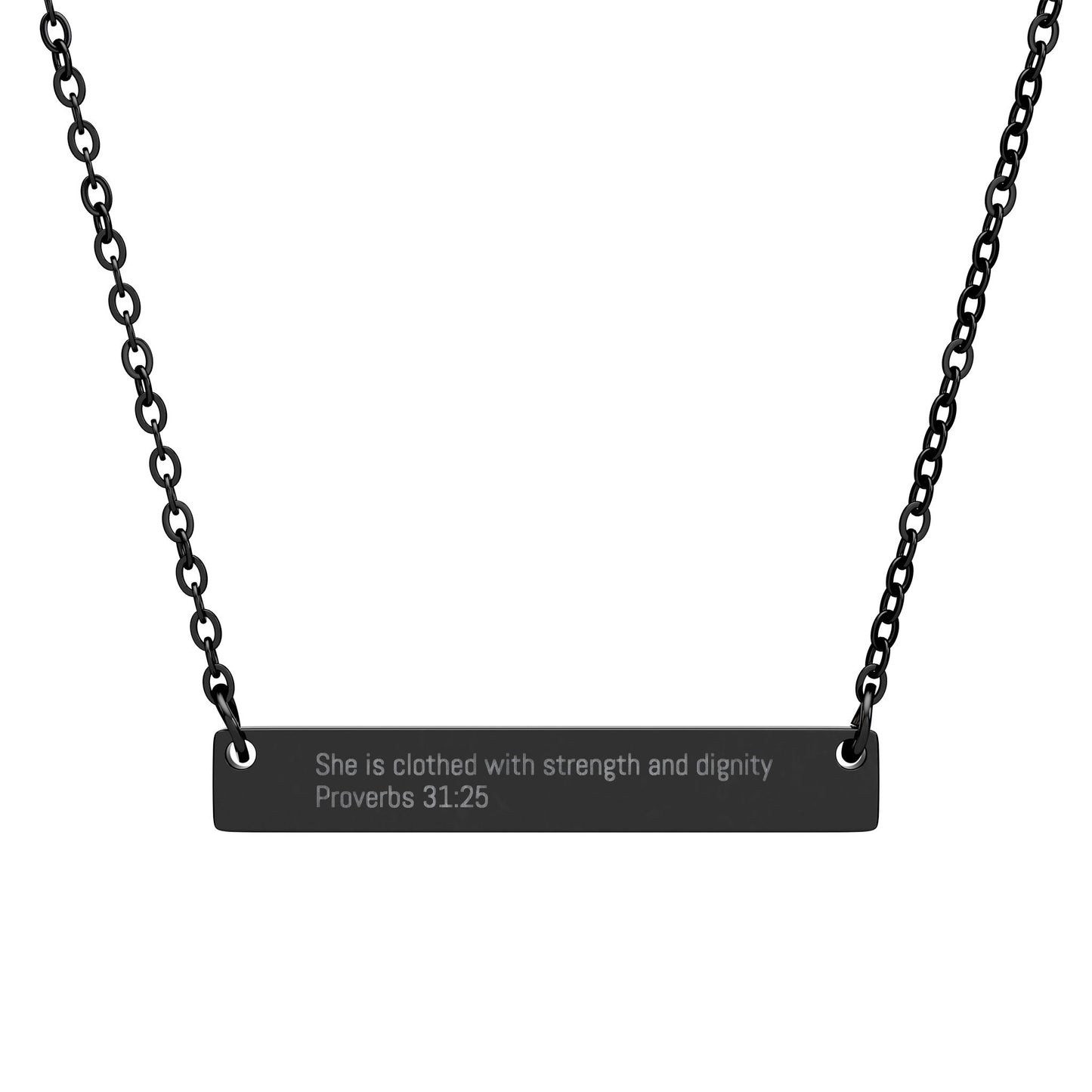 She Is Clothed With Strength and Dignity Necklace – Proverbs 31:25 Engraved Gold Bar Necklace for Women | Faith Jewelry Gift, Minimalist Christian Necklace