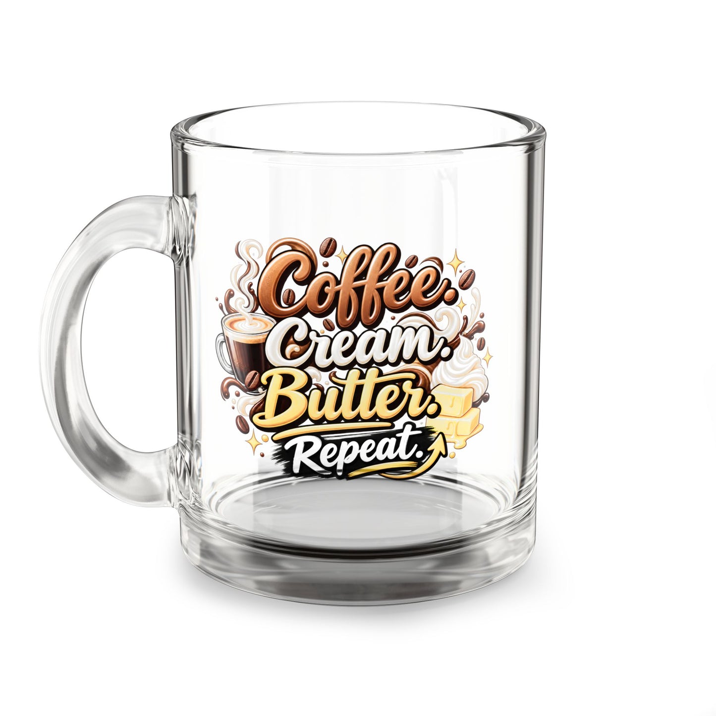 "Coffee. Cream. Butter. Repeat." Retro Coffee Lover Gift - 10oz Glass Mug