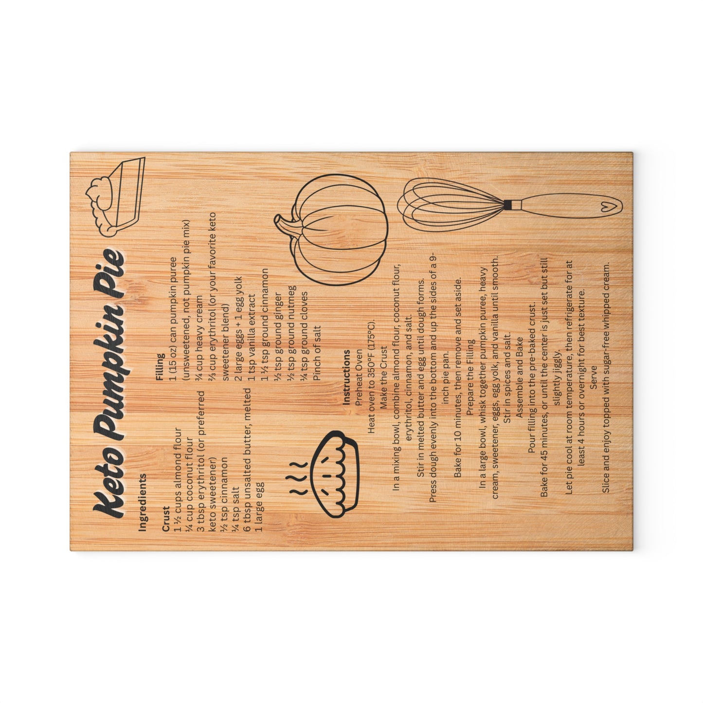 Keto Pumpkin Pie Recipe Glass Cutting Board - Unique Kitchen Decor, Thanksgiving Gifts, Cooking Essentials, Recipe Display, Home Chefs