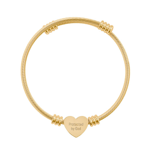 Protected By God Bracelet – Engraved Heart Charm Gold Bangle, Inspirational Christian Jewelry for Women, Faith Gift, Strength & Confidence Bracelet