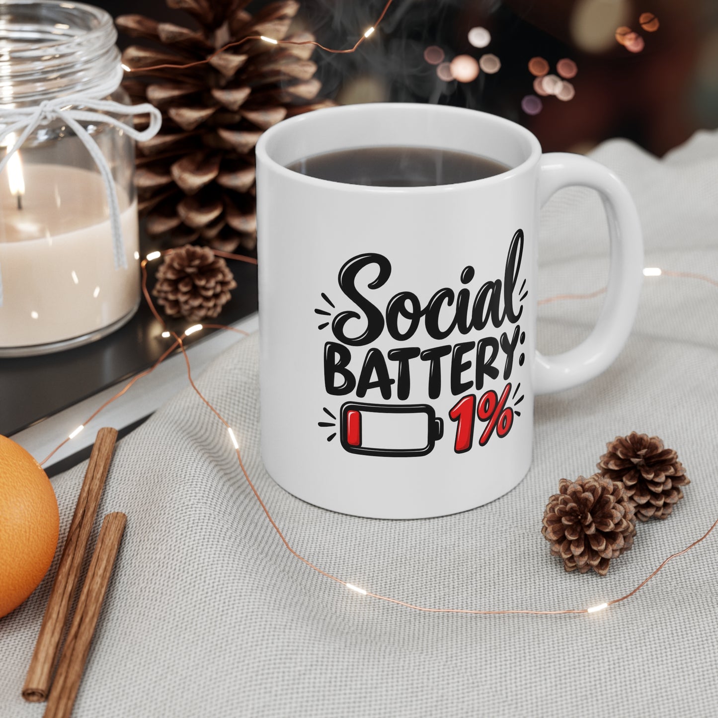Social Battery 1% Coffee Mug – Funny Introvert Gift, 11oz Ceramic Mug