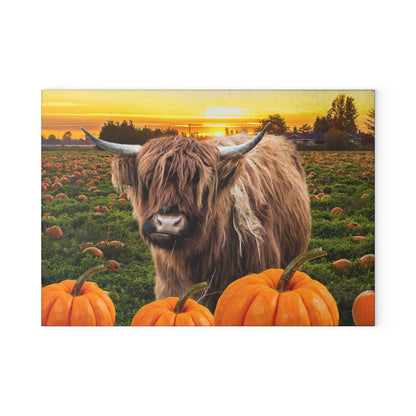 Fall-Themed Highland Cow Glass Cutting Board, Autumn Kitchen Decor, Pumpkin, Thanksgiving Gifts, Seasonal Cooking Accessories
