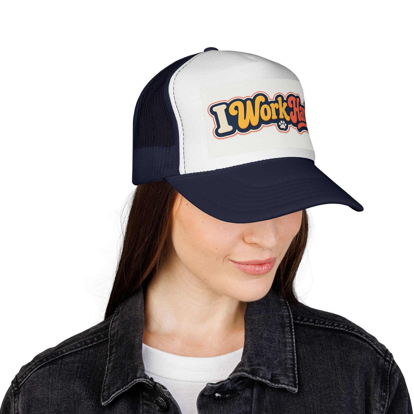 I Work Hard Trucker Hat — Retro Patch Work Ethic Mesh Cap