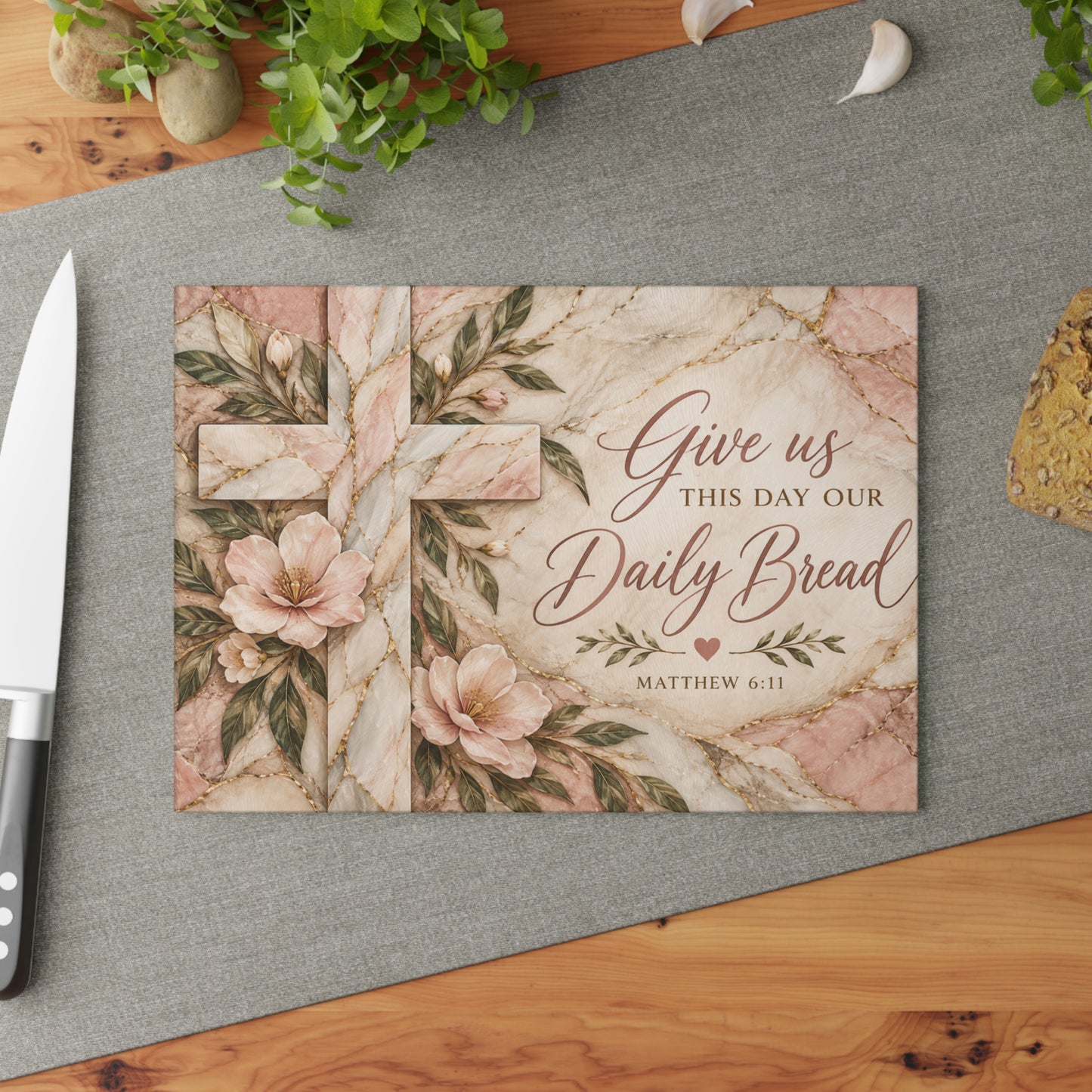 Glass Cutting Board - "Give Us This Day Our Daily Bread" Floral Cross Kitchen Decor