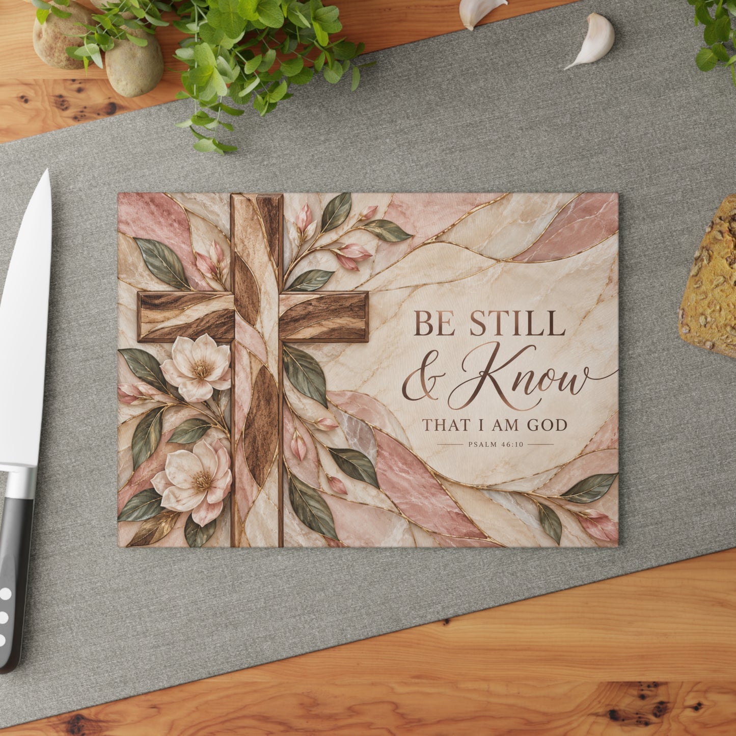 Be Still & Know Glass Cutting Board — Floral Cross Decorative Kitchen Board (Psalm 46:10)