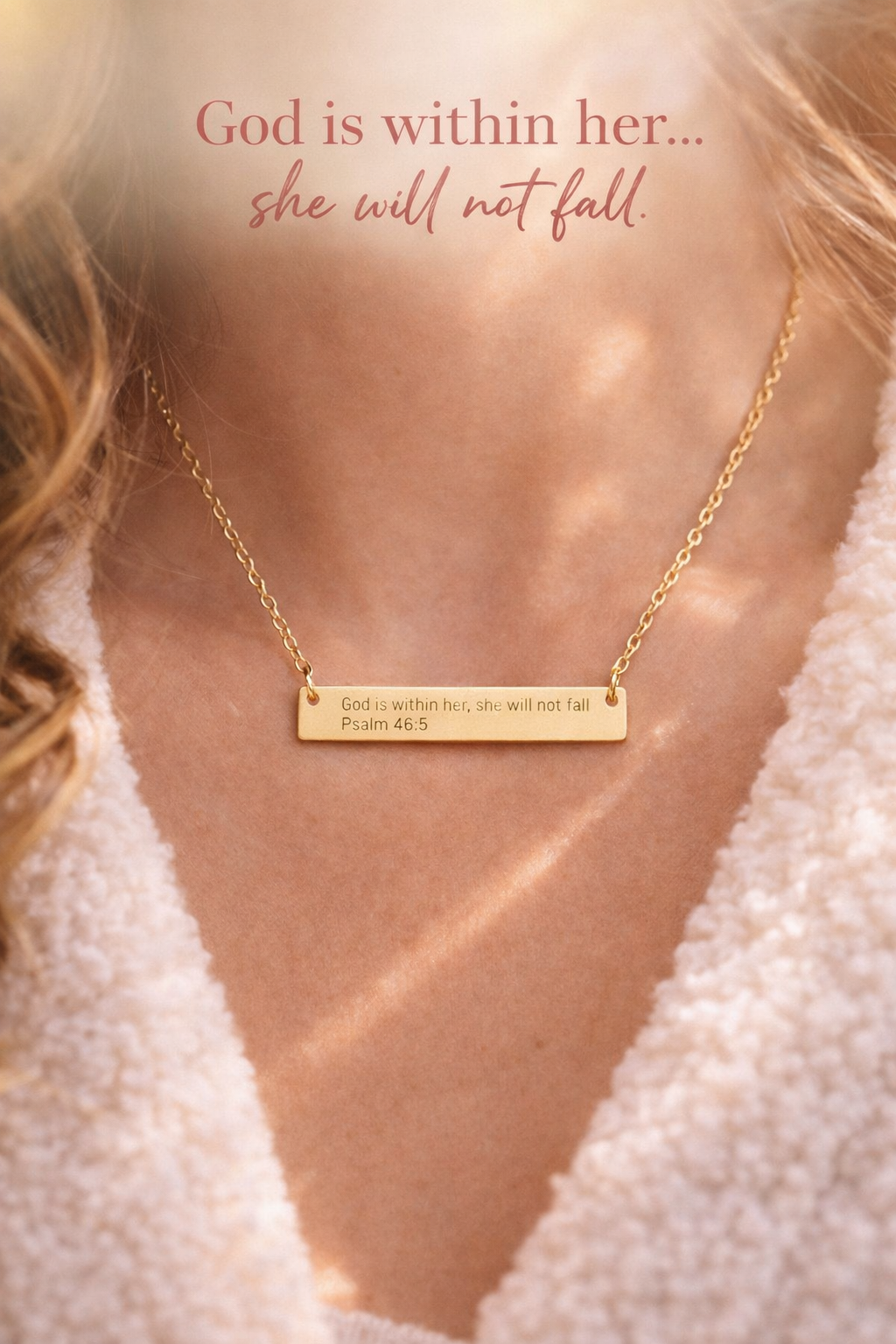 God Is Within Her Necklace – Psalm 46:5 Engraved Gold Bar Necklace for Women | Faith Jewelry Gift, Minimalist Christian Necklace