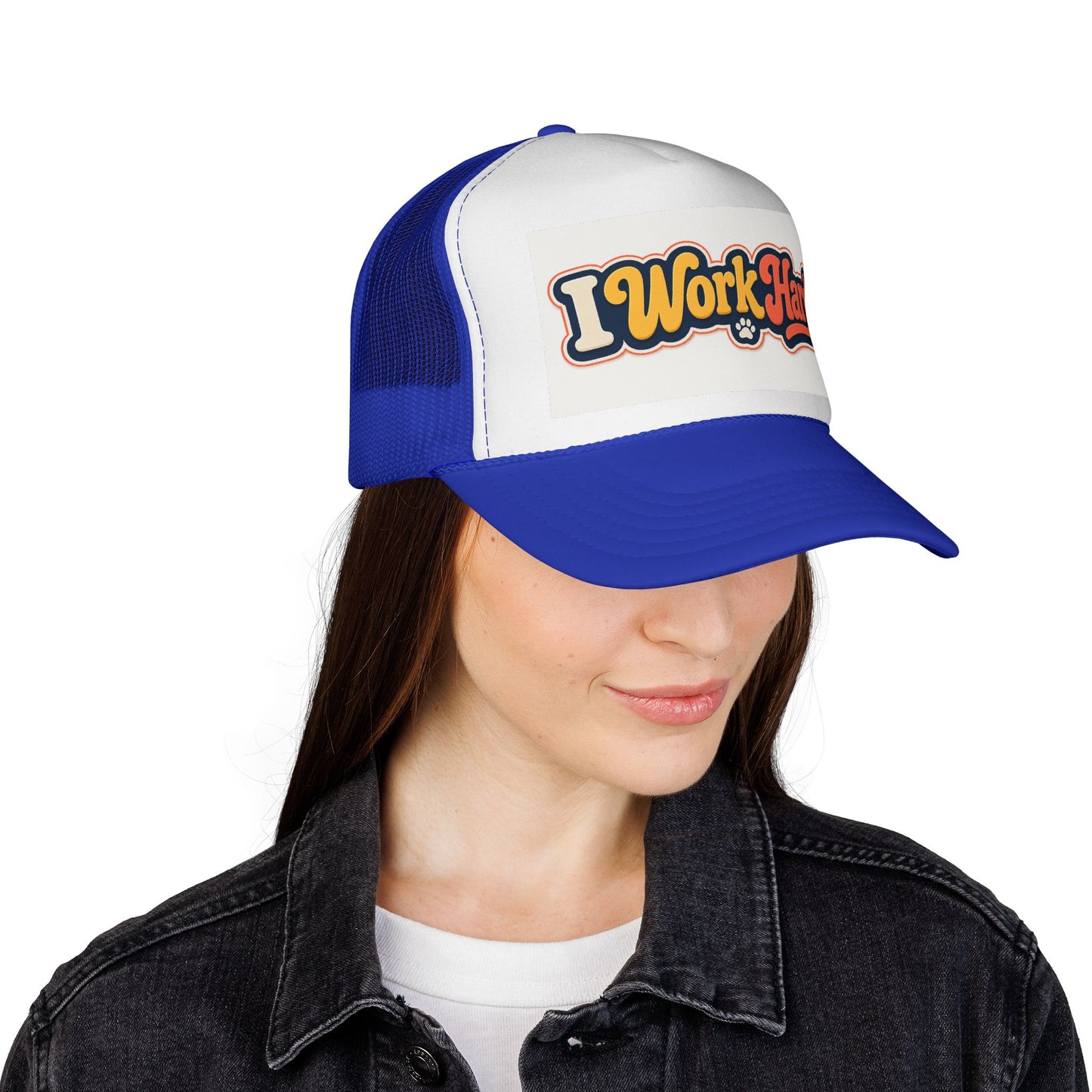 I Work Hard Trucker Hat — Retro Patch Work Ethic Mesh Cap
