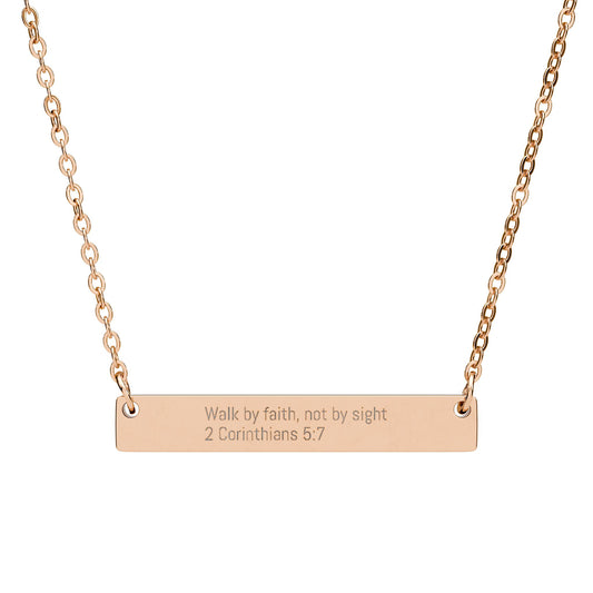 Walk By Faith Necklace – 2 Cor 5:7 Engraved Gold Bar Necklace for Women | Faith Jewelry Gift, Minimalist Christian Necklace