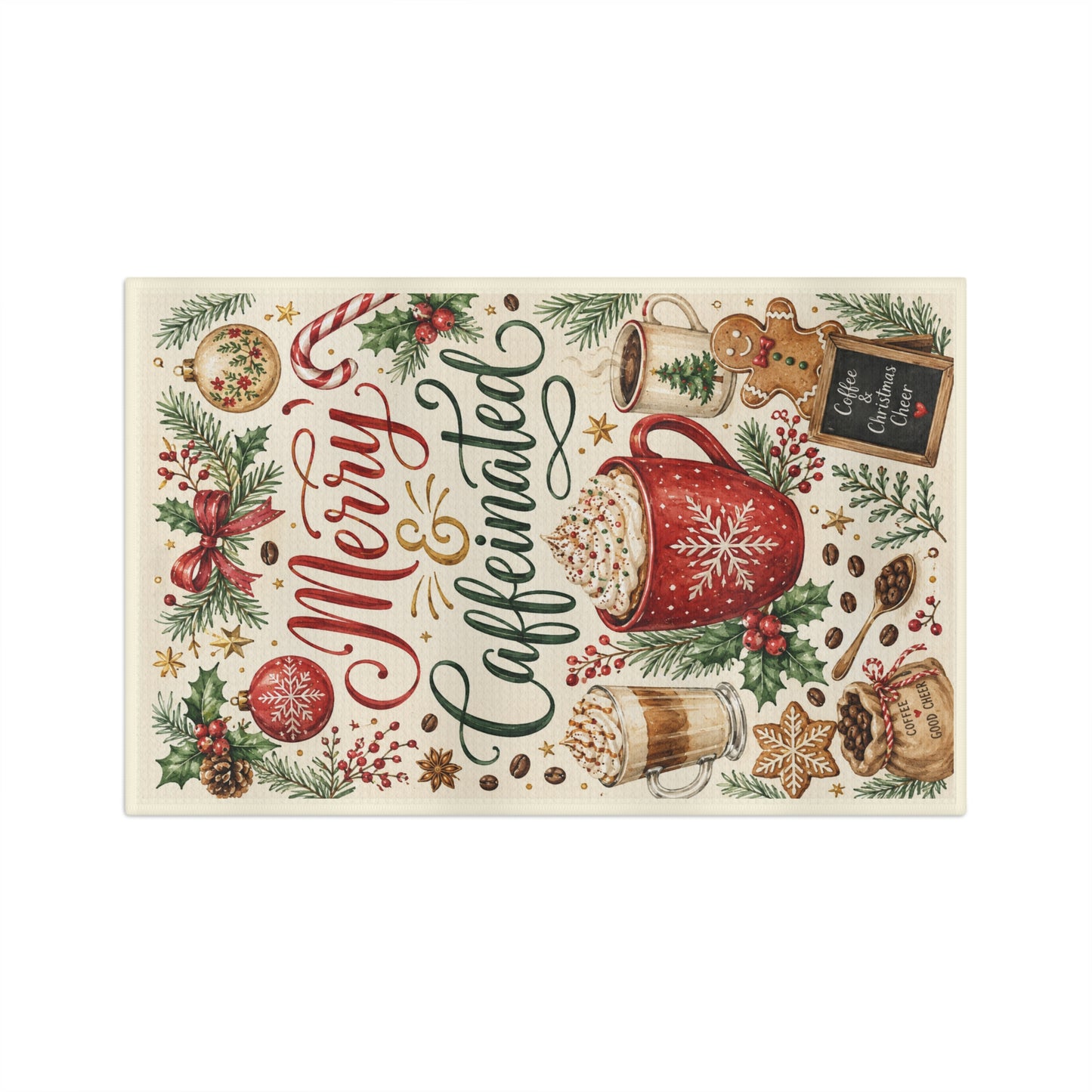 Merry & Caffeinated Holiday Tea Towel — Festive Christmas Kitchen Decor