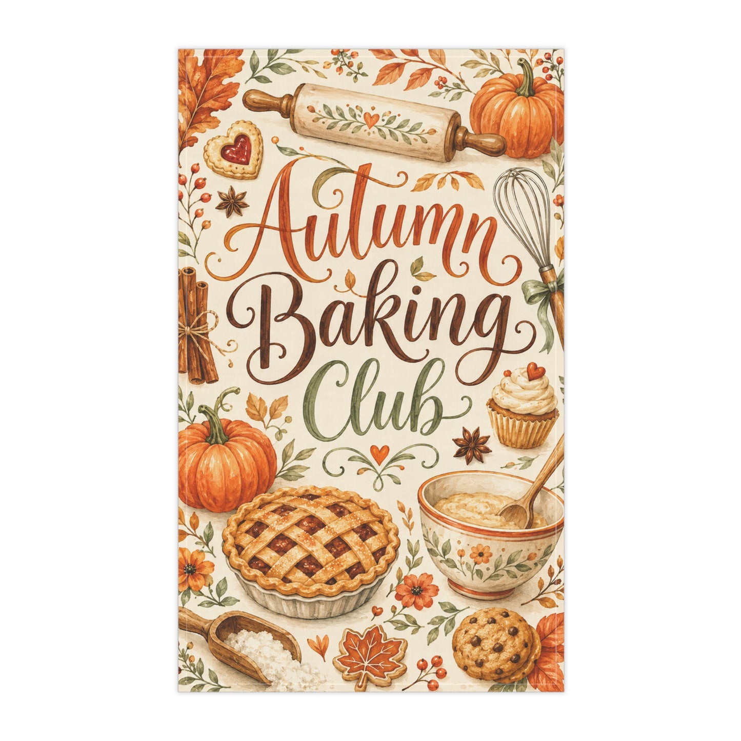 Autumn Baking Club Tea Towel — Fall Kitchen Decor, Pumpkin Pie & Cozy Baking Design