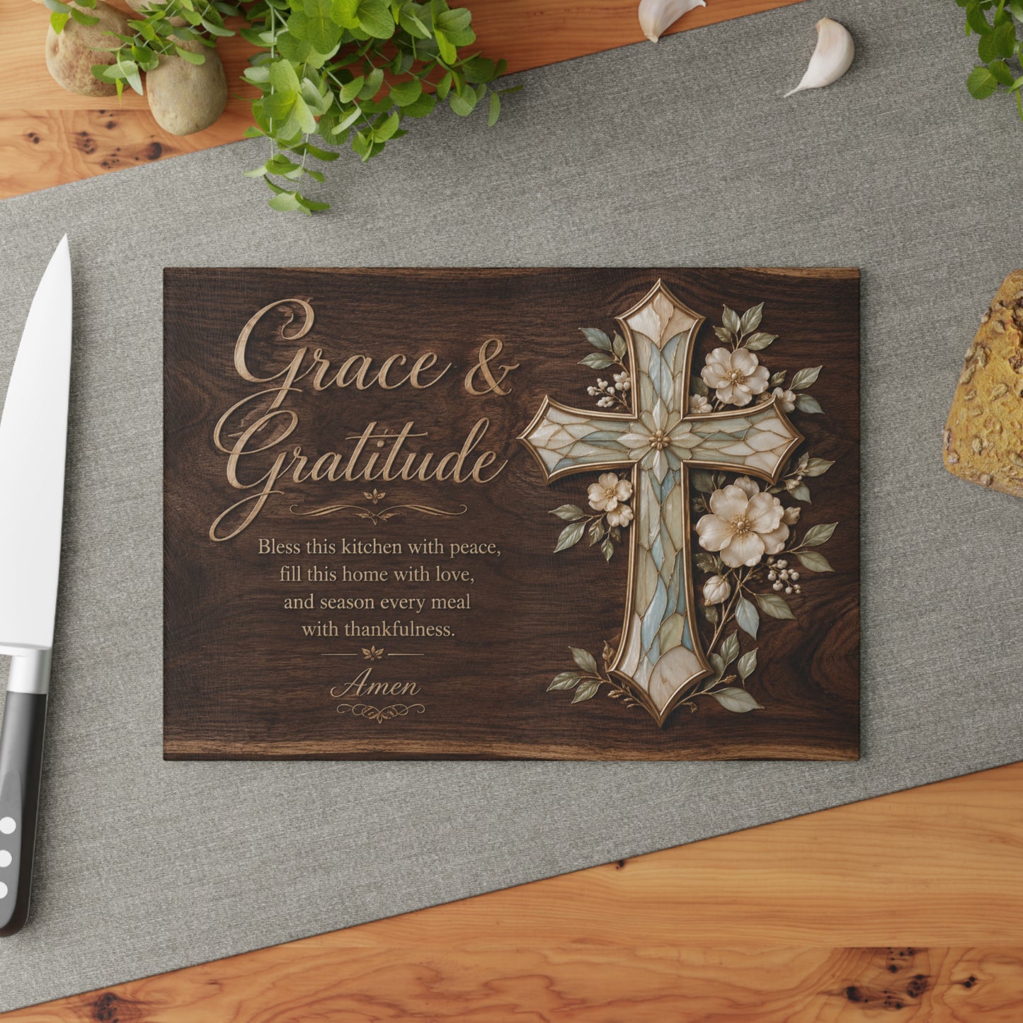 Grace & Gratitude Cross Glass Cutting Board — Religious Kitchen Décor, Bless This Kitchen Prayer