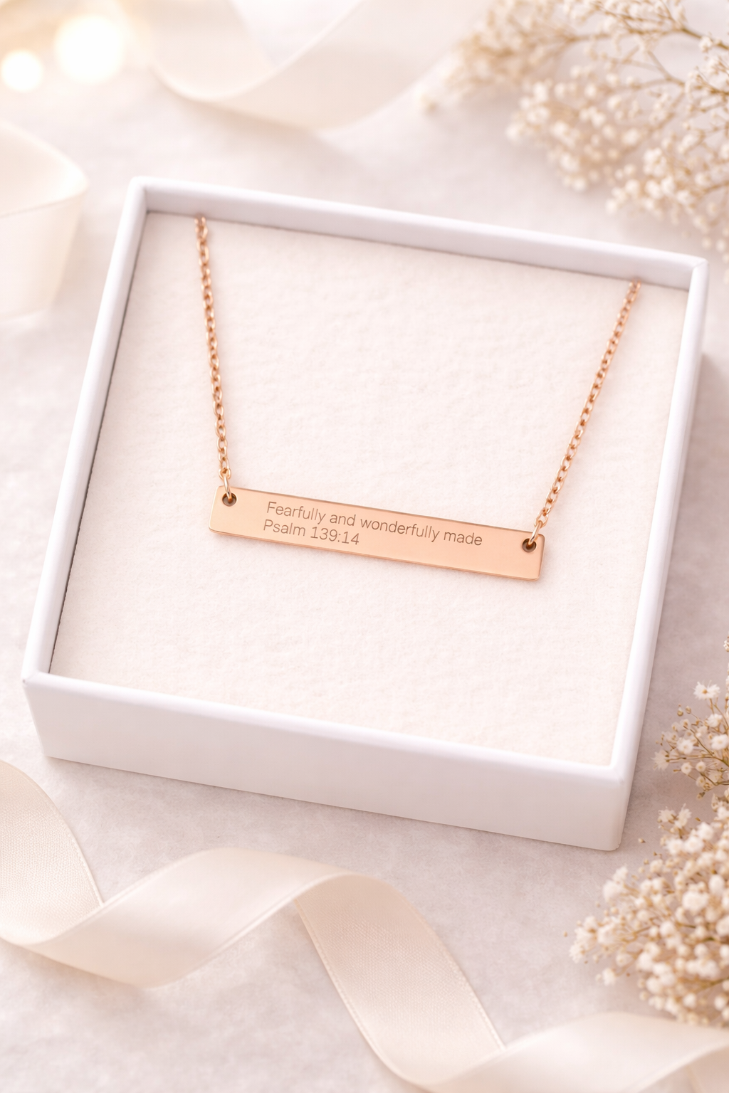 Fearfully and Wonderfully Made Necklace – Psalm 139:14 Engraved Gold Bar Necklace, Christian Inspirational Jewelry, Self-Worth Faith Gift for Women