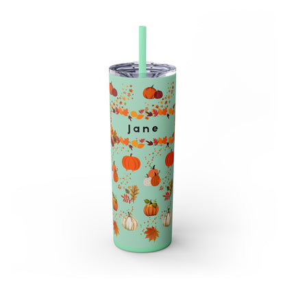 Custom Name Fall Skinny Tumbler with Straw, 20oz