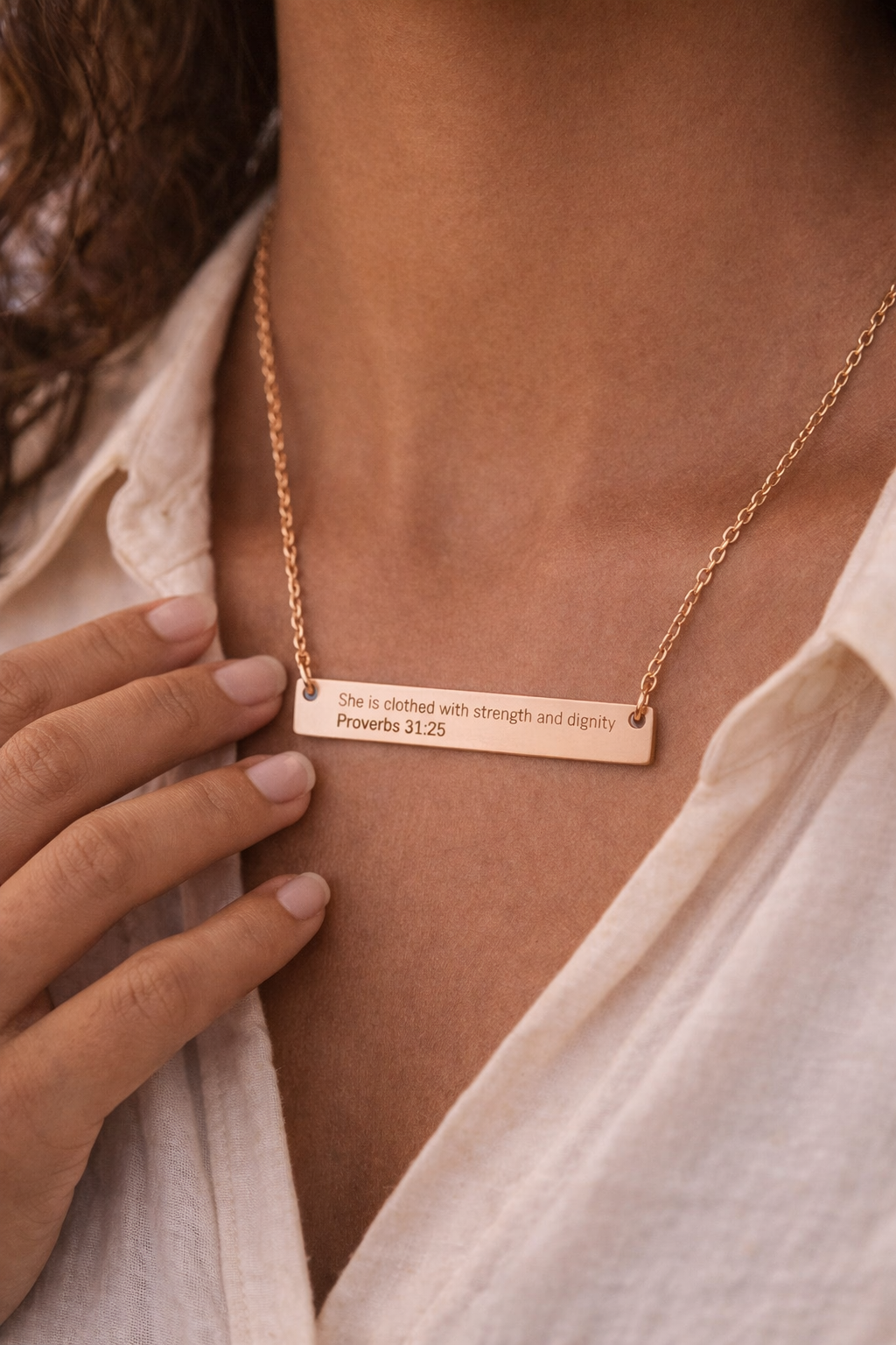 She Is Clothed With Strength and Dignity Necklace – Proverbs 31:25 Engraved Gold Bar Necklace for Women | Faith Jewelry Gift, Minimalist Christian Necklace
