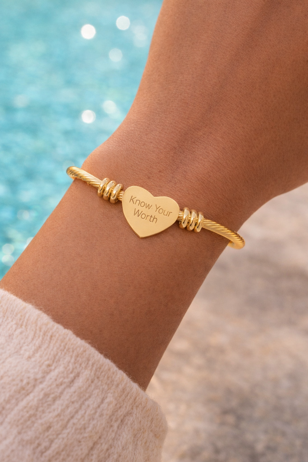 Know Your Worth Bracelet – Engraved Gold Heart Charm Bangle, Inspirational Self Love Jewelry, Confidence & Empowerment Gift for Women