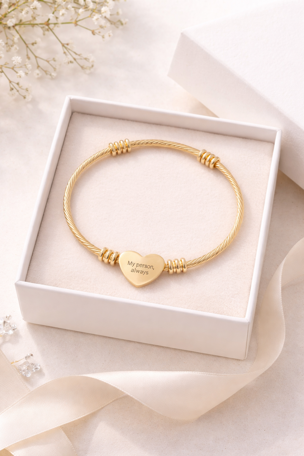 My Person Always Bracelet – Engraved Heart Charm Gold Bangle, Romantic Gift for Her, Minimalist Love Jewelry, Meaningful Relationship Bracelet